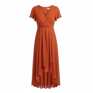 V Neck Asymmetrical Hem Ruffles Sleeve Pleated Chiffon